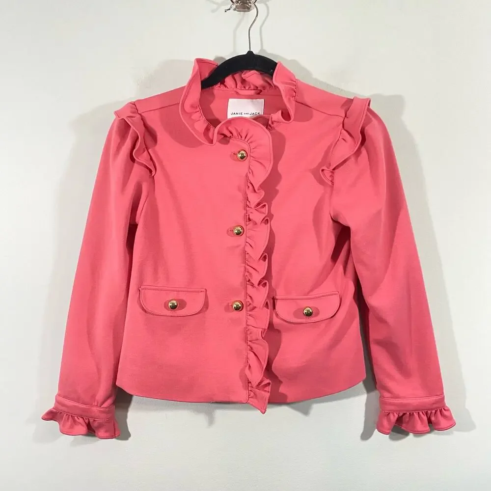 Janie and Jack Girls Rose Pink Ruffle Ponte Jacket Size 10-12